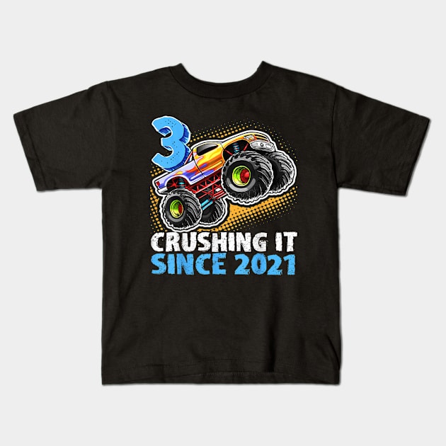 Monster Truck 3 Year Old Boys 3rd Birthday Party Born 2021 Kids T-Shirt by elmiragokoryan